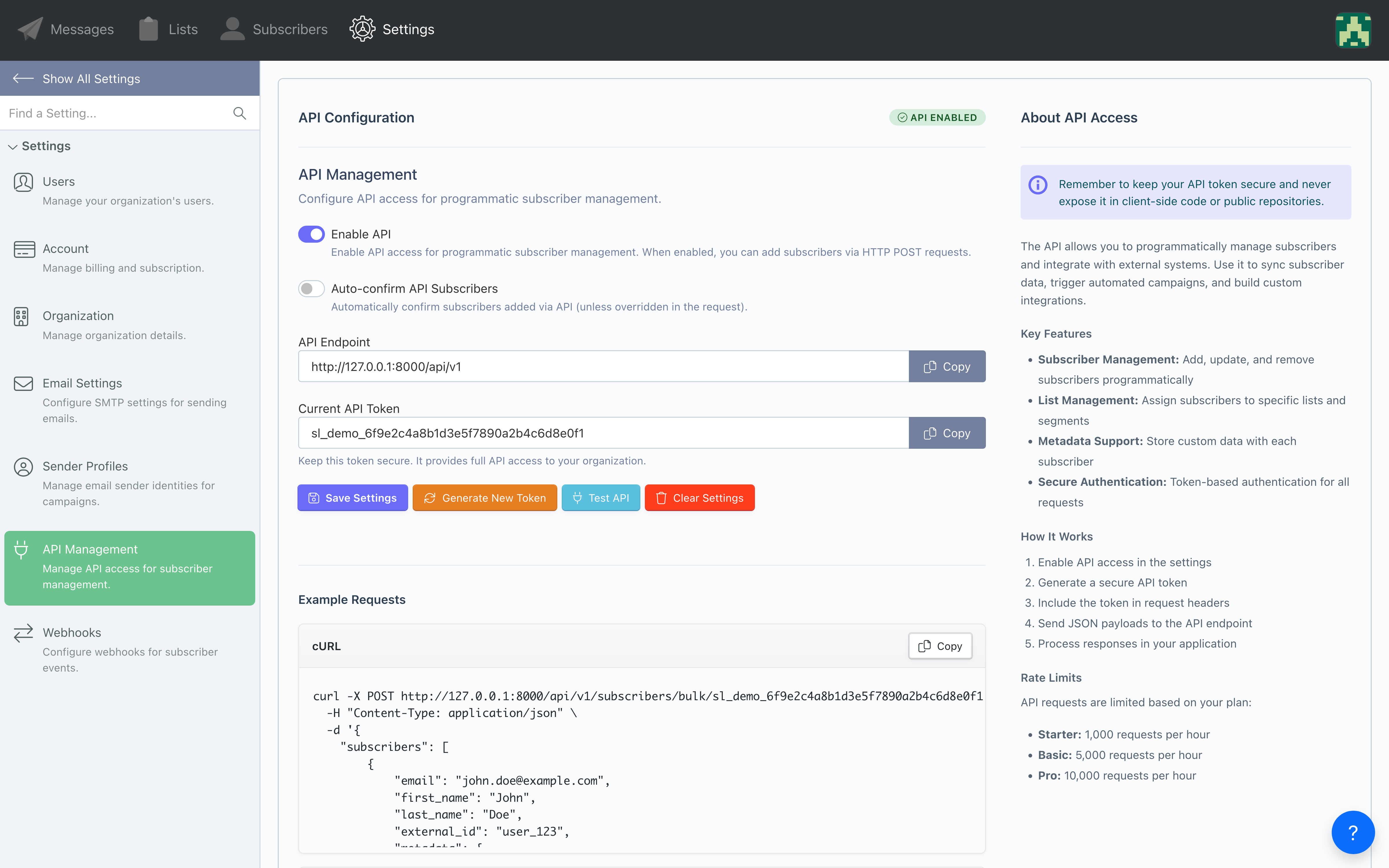 Sendly API management page showing the organization's API token, webhook configuration, and example request payloads